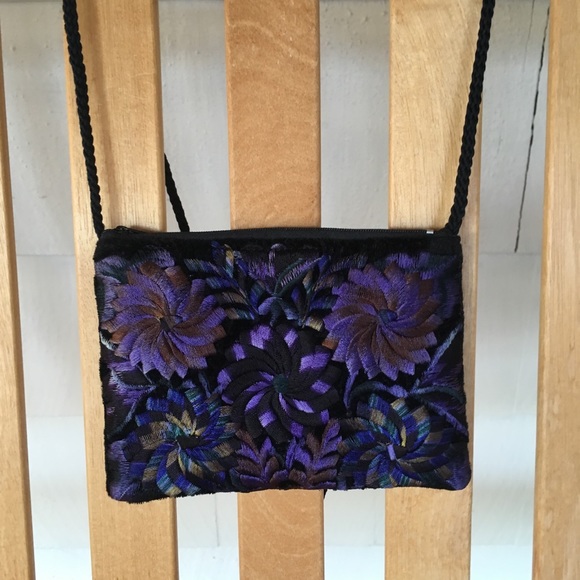 Embroidered purple floral black crossbody purse - Picture 1 of 8